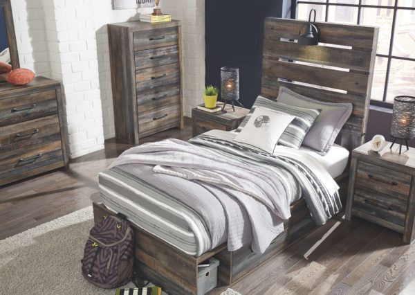 Drystan - Multi - 7 Pc. - Dresser, Mirror, Chest, Twin Panel Bed with 2 Side Drawers