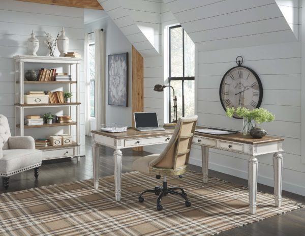 Realyn - White/Brown - 4 Pc. - Home Office L Shaped Desk, Swivel Desk Chair, Bookcase