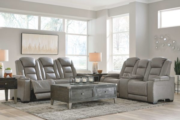 The Man-Den - Gray - 5 Pc. - Power Reclining Sofa with Adjustable Headrest, Power Reclining Loveseat/CON/Adjustable Headrest, Todoe Lift Top Cocktail Table, 2 End Tables