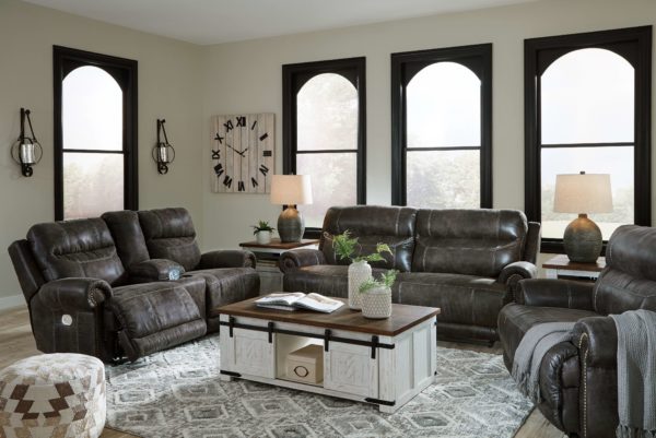 Grearview - Charcoal - 6 Pc. - 2 Seat Power Reclining Sofa with Adjustable Headrest, Power Reclining Loveseat with CON/Adjustable Headrest, Wide Seat Power Recliner, Wystfield Cocktail Table, 2 End Tables