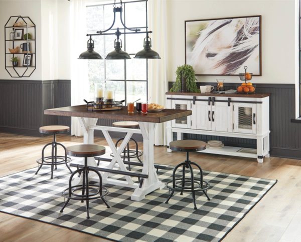 Valebeck - White/Brown - 6 Pc. - Rectangular Dining Room Counter Table, 4 Swivel Barstools, Dining Room Server