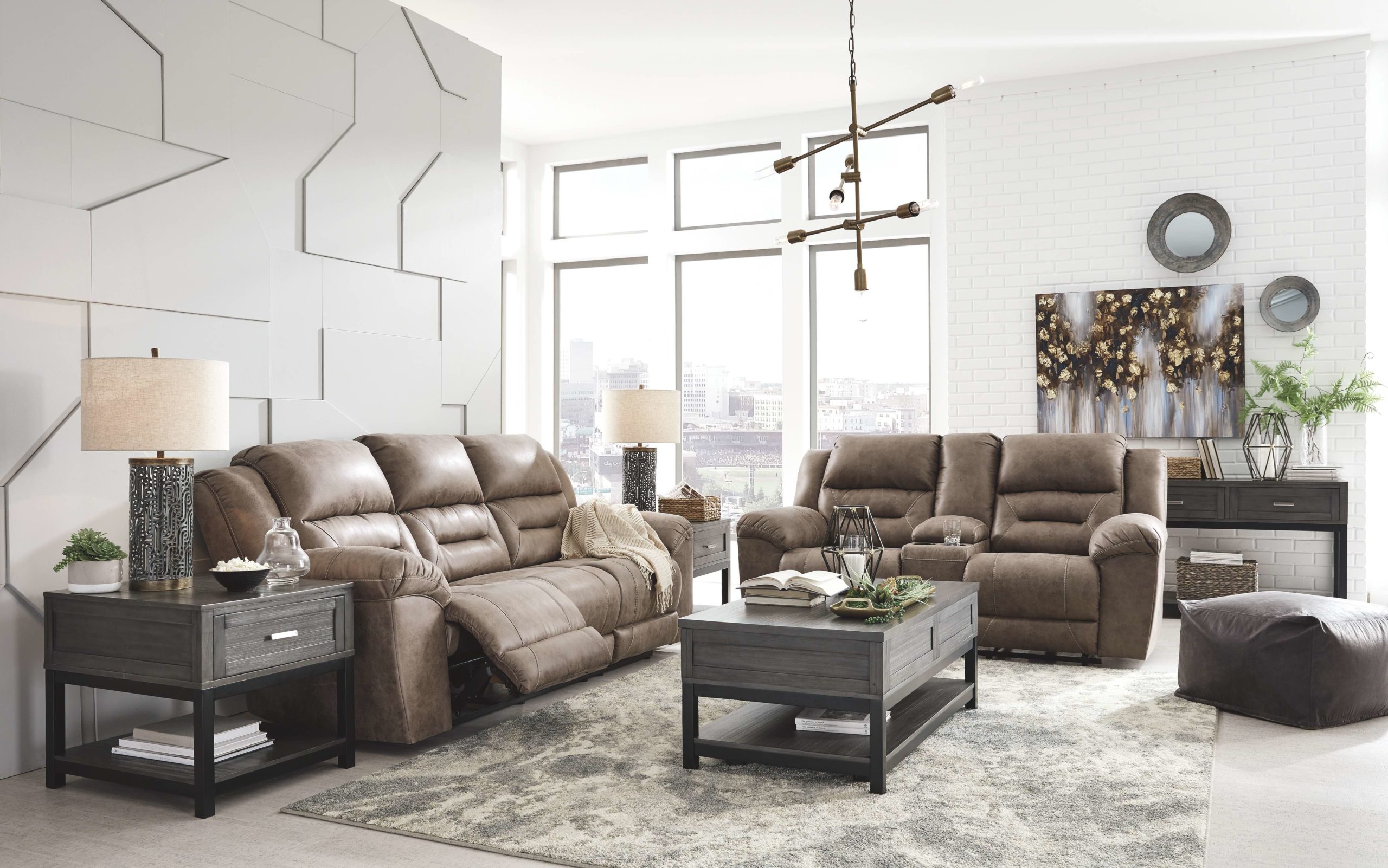 Stoneland - Fossil - 6 Pc. - Reclining Power Sofa, Double Reclining Power Loveseat with Console, Caitbrook Cocktail Table, 2 End Tables, Sofa Table