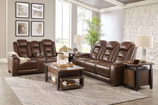 The Man-Den - Mahogany - 5 Pc. - Power Reclining Sofa with Adjustable Headrest, Power Reclining Loveseat/CON/Adjustable Headrest, Vailbry Cocktail Table, End Table, Chair Side End Table