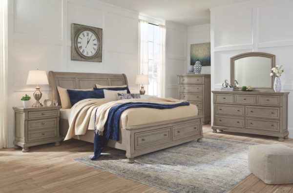Lettner - Light Gray - 5 Pc. - Dresser, Mirror, King Sleigh Bed with 2 Storage Drawers