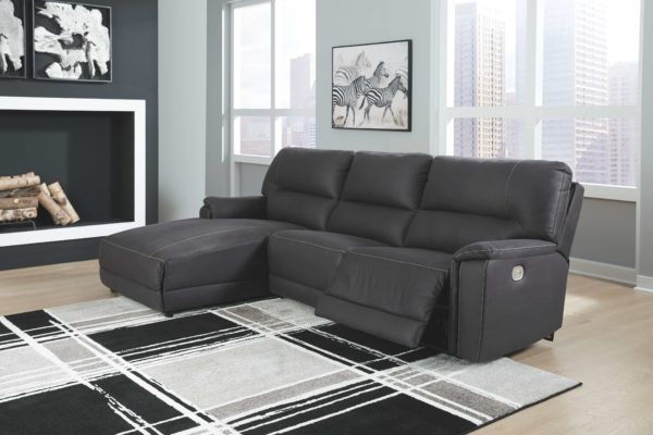 Henefer - Midnight - Left Arm Facing Press Back Power Chaise, Armless Chair, Right Arm Facing Zero Wall Power Recliner Sectional