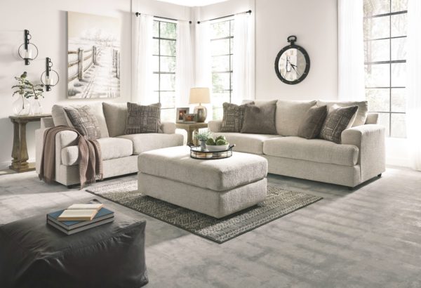 Soletren - Stone - 6 Pc. - Sofa, Loveseat, Accent Ottoman, 2 Johnelle End Tables, Sofa Table