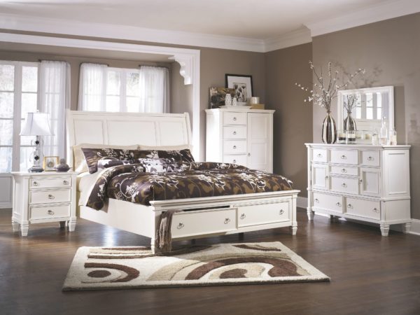 Prentice - White - 7 Pc. - Dresser, Mirror, Door Chest, California King Sleigh Bed with 2 Storage Drawers, Nightstand