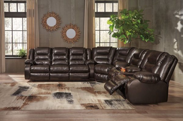 Vacherie - Chocolate - Reclining Sofa, Wedge, Double Reclining Loveseat with Console Sectional